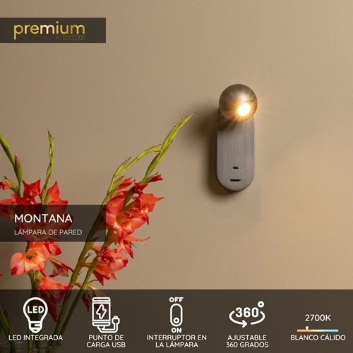 Lucide MONTANA - Lámpara de pared - LED - CCT - 1x6,3W 2700K/4000K - Con punto de carga USB - Hierro gris | Premium - USP